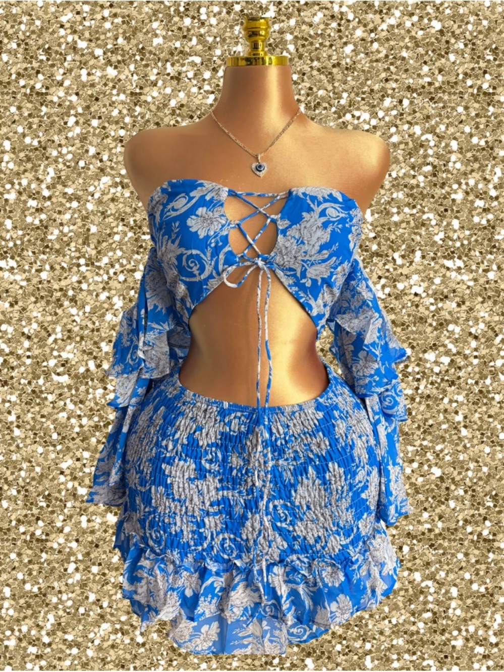 Fashion Blue Floral Two-Piece Cutout Skirt Set